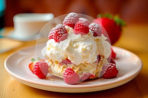 Dessert topped with fluffy vanilla-flavored whipped cream and fresh raspberries. Chantilly or Clotted Cream