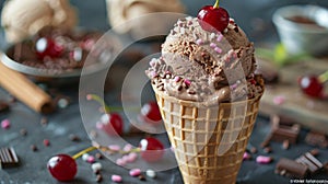 dessert treats, decadent chocolate ice cream in a cone with colorful sprinkles and a cherry on top, a delightful and