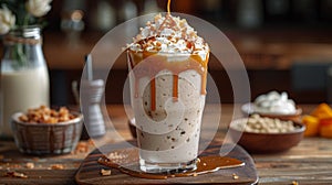 dessert treats, pouring caramel sauce over a frothy caramel milkshake to create a sweet, indulgent beverage that is