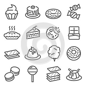 Postre línea conjunto compuesto por iconos. contiene semejante iconos cómo pastel pequeno para una persona cono, pudín a. extendido ataque 