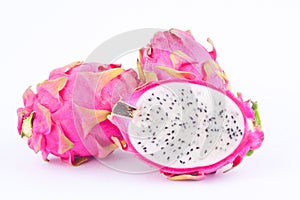 Dessert vivid and vibrant organic dragon fruit dragonfruit or pitaya on white background healthy dragon fruit food isolated