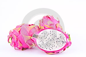 Dessert vivid and vibrant organic dragon fruit dragonfruit or pitaya on white background healthy dragon fruit food isolated