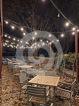 Desserted Outdoor Dining Tables at Night photo
