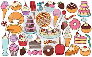 Collection of colorful cartoon illustrations of various desserts and treats. Isolated hand drawn vectors.