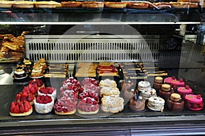 Desserts in bakery window