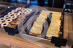 Desserts in bakery window