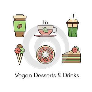 Desserts and Beverages including Fresh Coffee, Hot Green Organic Tea, Green Smoothie, Vegan Ice Cream, Sweet Donut and Piece of Ca