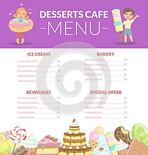 Desserts Cafe Menu, Kids Food Menu, Ice Cream, Beverages, Bakery, Special Offer Vector Illustration