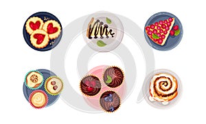 Desserts with Cupcake, Cinnamon Bun and Cheesecake Served on Plate Vector Set