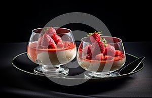 desserts in the dark with two glass goblets on a black table