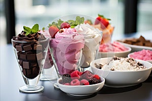 Desserts with fruit pies and berries such as mousses, pastries, cakes, jellies, ice cream,close-up