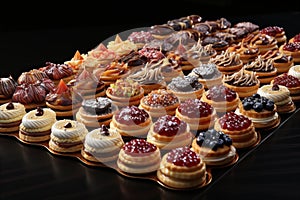 Desserts with fruit pies and berries such as mousses, pastries, cakes, jellies, ice cream,close-up