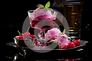 Desserts with fruit pies and berries such as mousses, pastries, cakes, jellies, ice cream,close-up