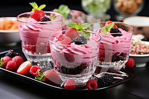 Desserts with fruit pies and berries such as mousses, pastries, cakes, jellies, ice cream,close-up