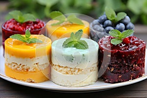 Desserts with fruit pies and berries such as mousses, pastries, cakes, jellies, ice cream,close-up
