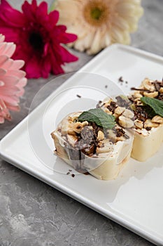 Desserts on a gray concrete background