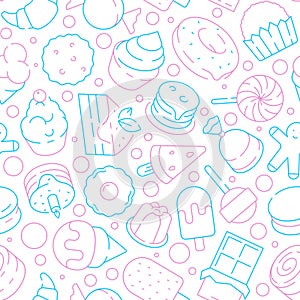 Desserts pattern. Kids delicious food sweet cakes biscuits jelly ice cream lollipop cupcakes vector seamless background