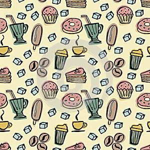 Desserts, sweets, tea, coffee seamless pattern