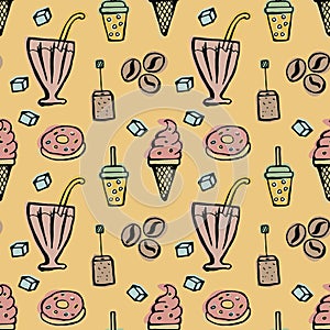 Desserts, sweets, tea, coffee seamless pattern on a yellow background. Hand-drawn color illustration. Vector 10 EPS.