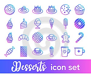 Desserts vector icon set in bright color gradient. Cute sweets and pastry icons collection. Minimalist line art