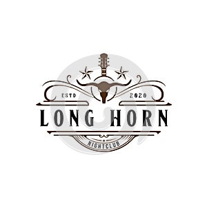 Country Guitar Music Western Vintage Retro Long Horn Saloon Bar Cowboy logo design