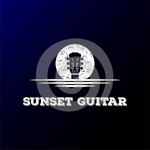 Sunrise Sunset Moon Lake River Creek Country Guitar Music Western Vintage Retro Saloon Bar Cowboy Logo Design Vector