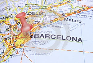 Destination Barcelona on the map of Spain