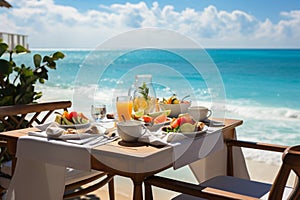 Destination dining luxury breakfast table with a tropical sea sky view