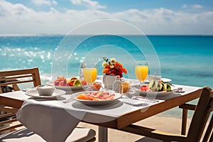 Destination dining luxury breakfast table with a tropical sea sky view