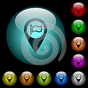 Destination GPS map location icons in color illuminated glass buttons