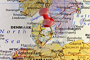 Destination map, red pin on Copenhagen