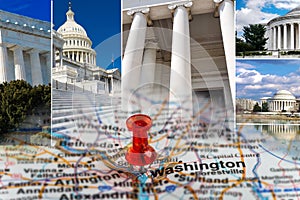 Destination Washington DC. Geographical map with a pin marking the direction. Capitol dome and landmarks under blue sky. USA