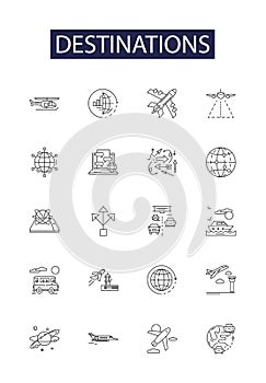 Destinations line vector icons and signs. Locations, Destinations, Resorts, Sites, Attractions, Havens, Places, Remedy