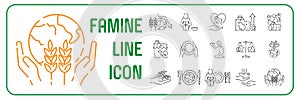Destitution line icon set. Included the icons as scraggy, skinny, starving, homeless , beggar, poor and more. Global famine crisis photo