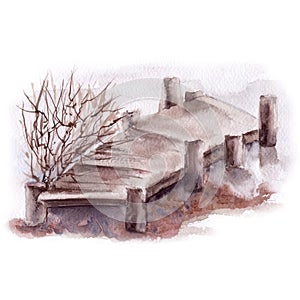 Destroyed bridge on the lake.