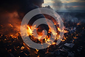 Destroyed buidings in city after volcano eruption. Abandoned village houses ruined by volcanic lava. Natural disaster