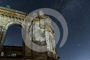 Destroyed building of the Catholic Cathedral at night. A sad sight. Cultural monument