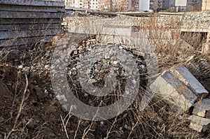 Destroyed building, debris