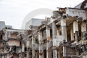 Destroyed building after demolition, man-made accident. Engineering and construction errors