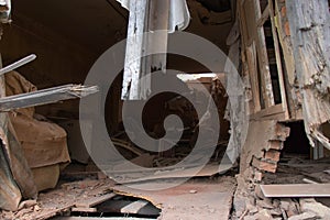 Destroyed building in Tartar city of Azerbaijan. Civilian homes damaged by bombs