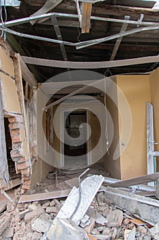 Destroyed building in Tartar city of Azerbaijan. Civilian homes damaged by bombs