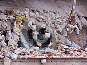 Destroyed building wall at demolition site