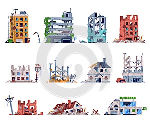 Destroyed Buildings and Broken Ruined Houses Vector Set