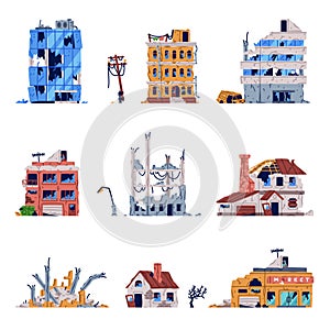 Destroyed Buildings and Broken Ruined Houses Vector Set