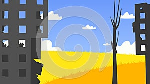 Destroyed buildings in front of a yellow field and blue sky