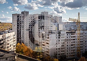 Destroyed and burned multi-apartment residential buildings after rocket attack. Residential area Saltivka in Kharkiv city, Ukraine