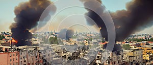 Destroyed and burning European city, destroyed buildings, fire and black smoke clouds going into the sky. Generative, generative