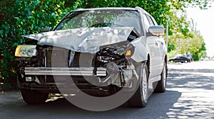 Destroyed car in car crash traffic accident on city road. Smashed broken front auto headlight, dented hood without bumper on gray