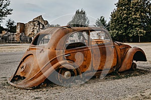 Destroyed cars during World War 2 in the city Oradour sur Glane France