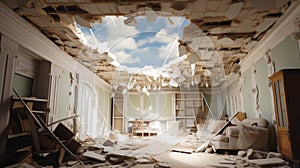 Destroyed ceiling in the apartment